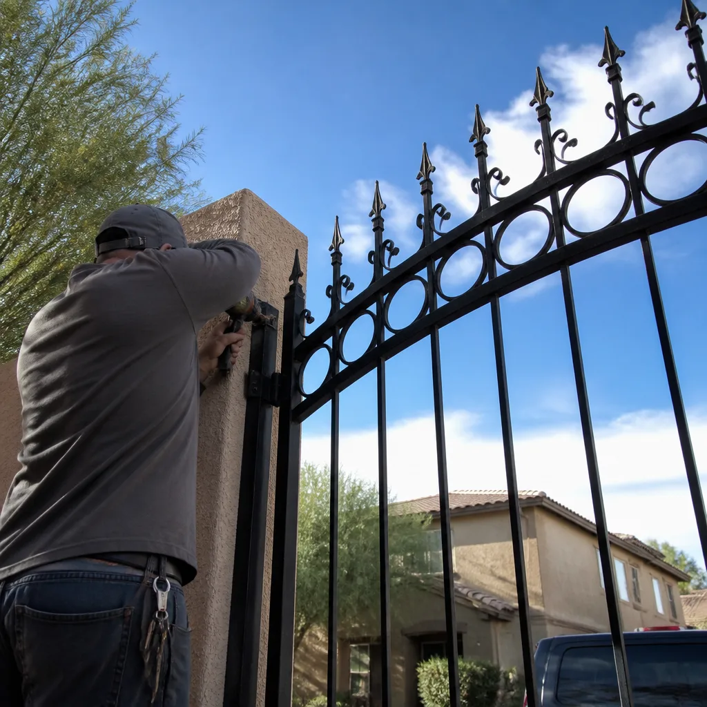 Professional technician performing custom metal gate installation with a power drill.